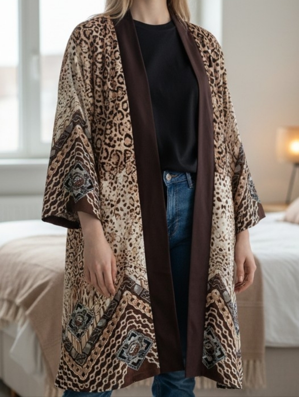 NEW! Printed Leopard Kimono Robe in Brown 4372